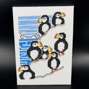Hand Made Puffins Colorful Needle Point Wall Art unframed 5” X 7”